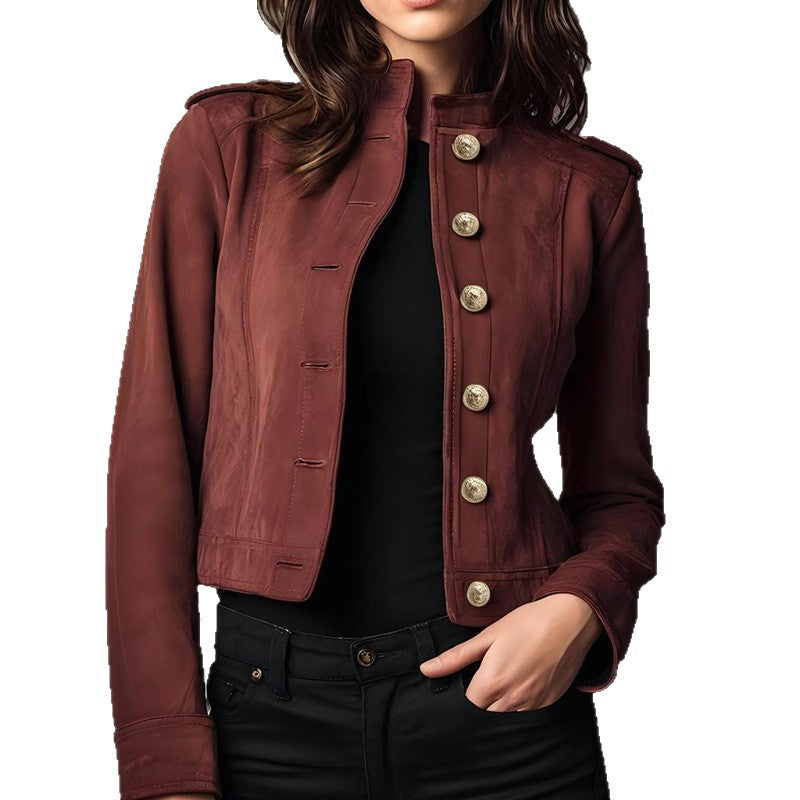Women's Fashion Retro Long Sleeve Waist length Suede Jacket