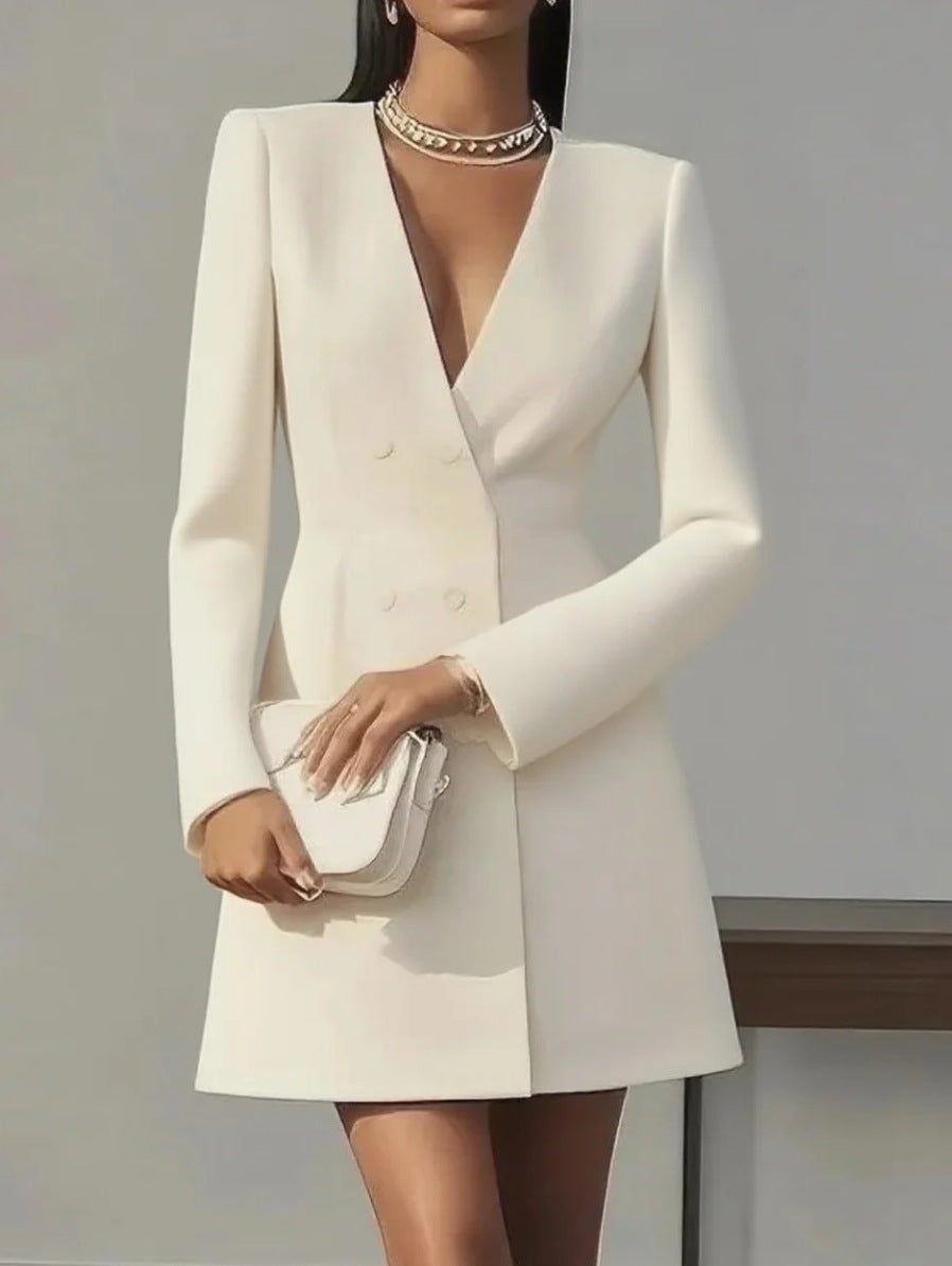 Women Solid-color V-neck Suit-style French Dress