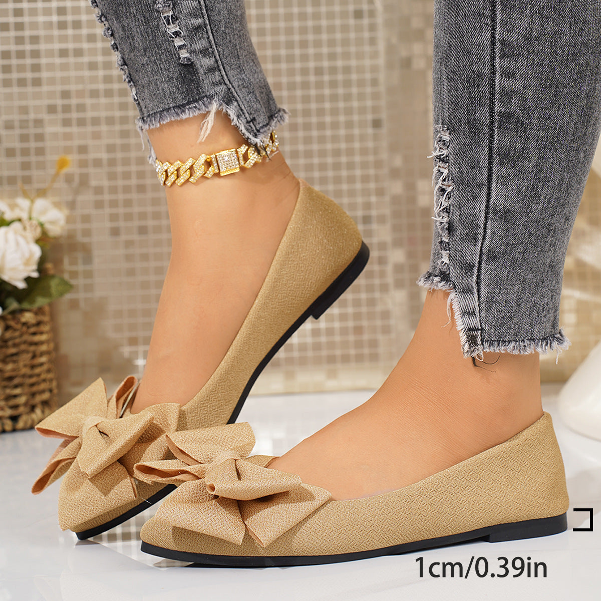 Plus Size Pointed Toe Slip-On Shoes with Bow Detail