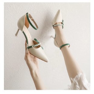 Women's White Pointed-Toe Stiletto Pumps - Elegant French Heel with Versatile Ankle Strap