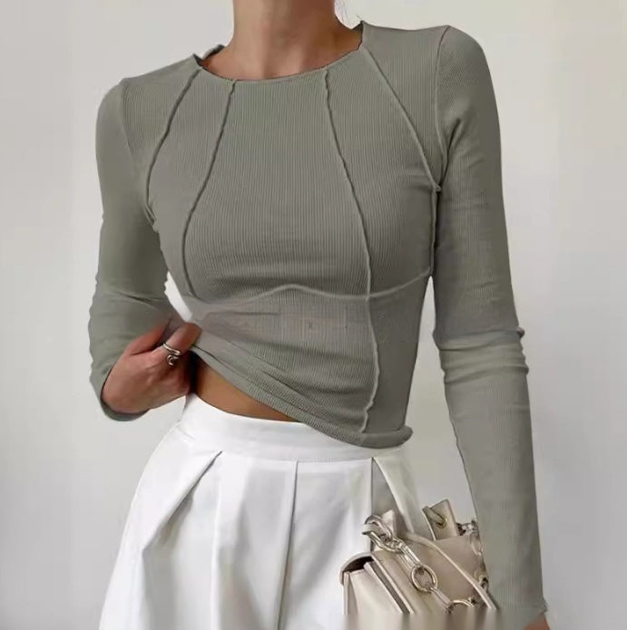 Women's Slim Fit Long Sleeve Knit Top - Solid Color Split Thread