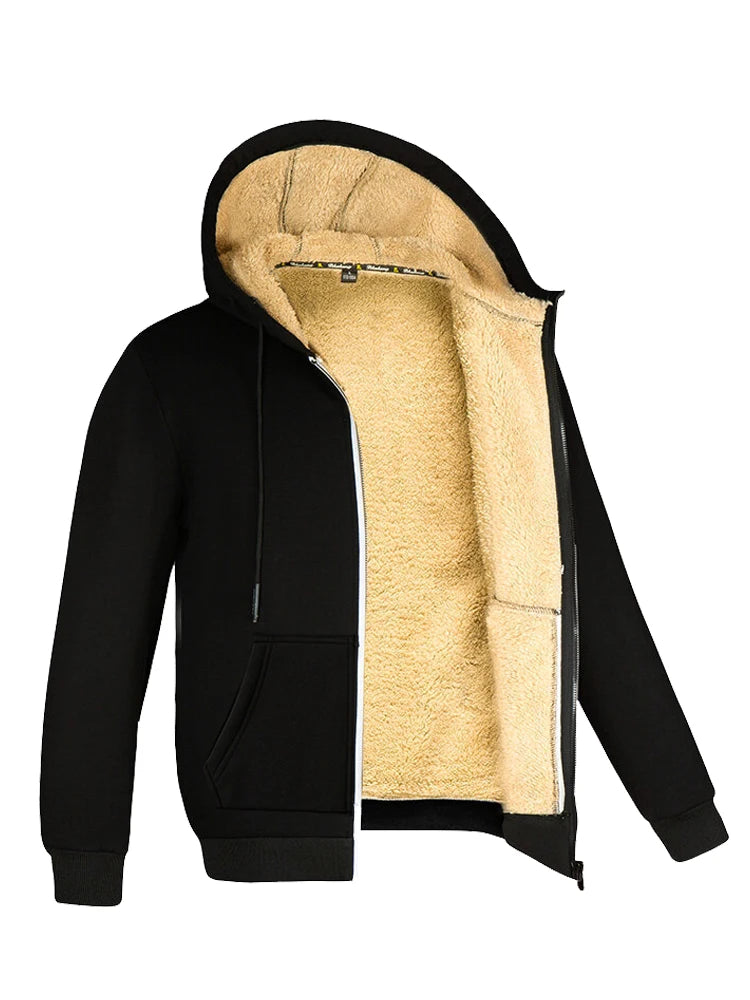 Men Winter Coats Thick Warm Long Sleeve Zipper Hoodie Casual Fleece Black Jacket