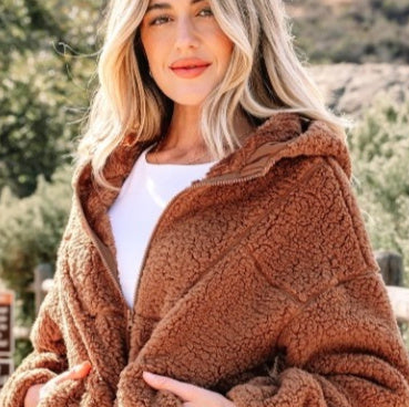 Yellow Straw Zipper Hooded Sherpa Jacket