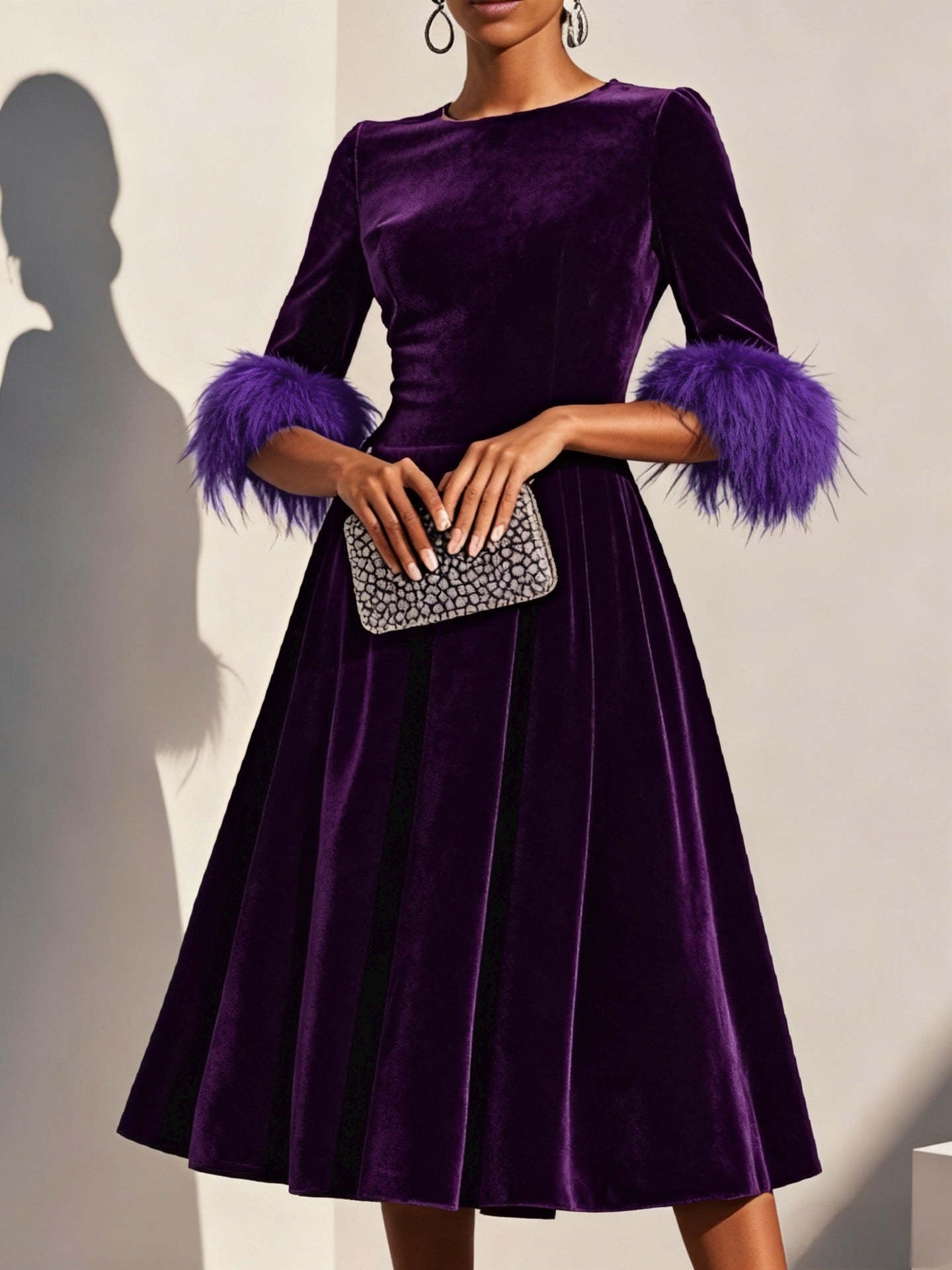 Elegant AutumnWinter Round-Neck Velvet Dress For Women