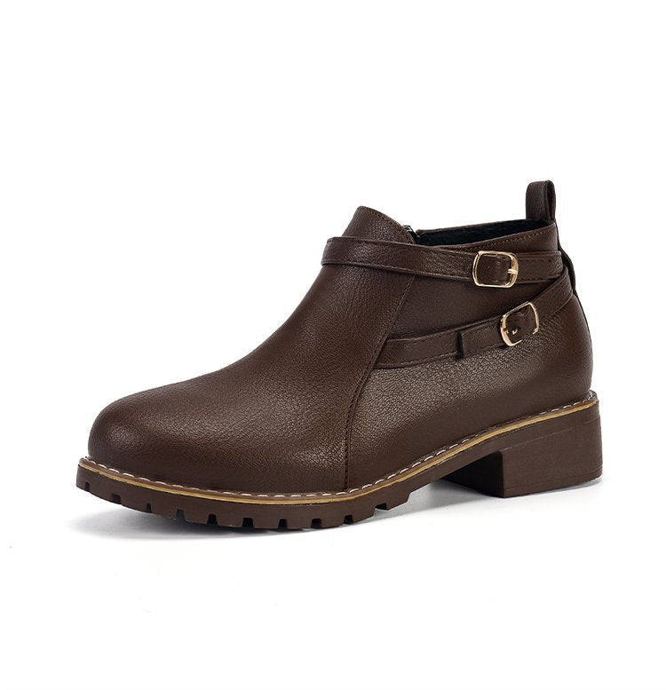 Bottines à Boucle en Cuir à Talons Plats et Bout Rond