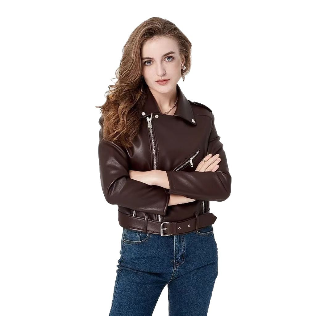 Women's Fashion  Zipper Slim Fit Washed Motorcycle Jacket