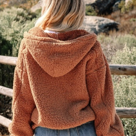 Yellow Straw Zipper Hooded Sherpa Jacket