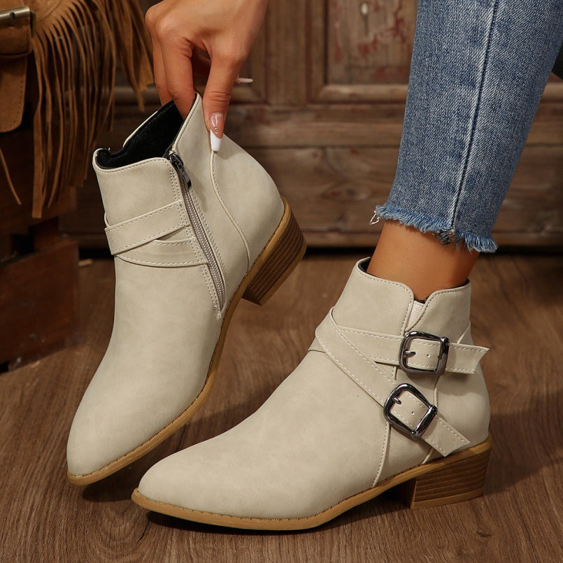 Bottines en cuir à talon épais avec boucle de ceinture et fermeture éclair latérale pour femme