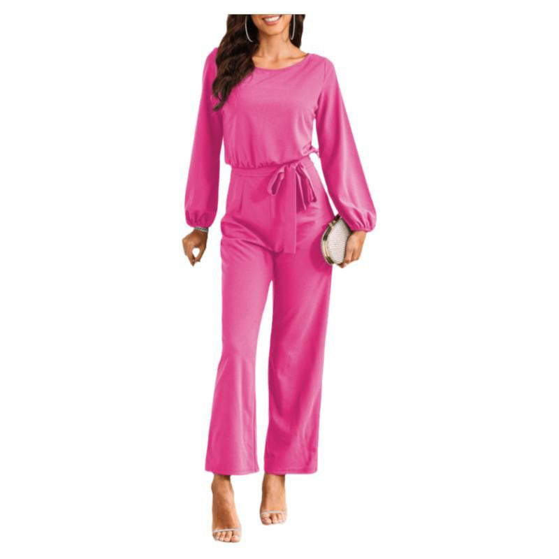 Women's Tailored Long Sleeve Lace-Up Pullover Jumpsuit
