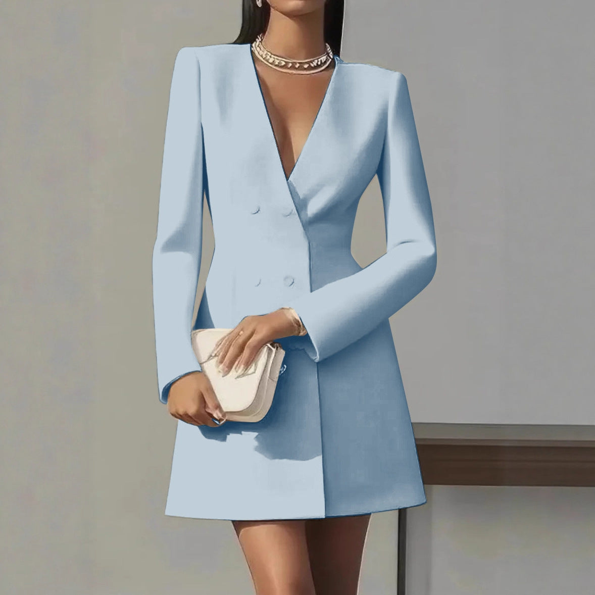 Women Solid-color V-neck Suit-style French Dress