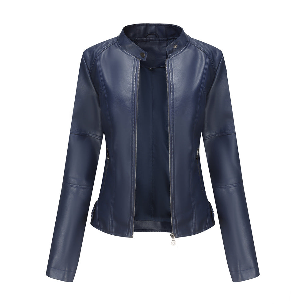 Women's Zip-Up Leather Jacket - Stand Collar with Pockets