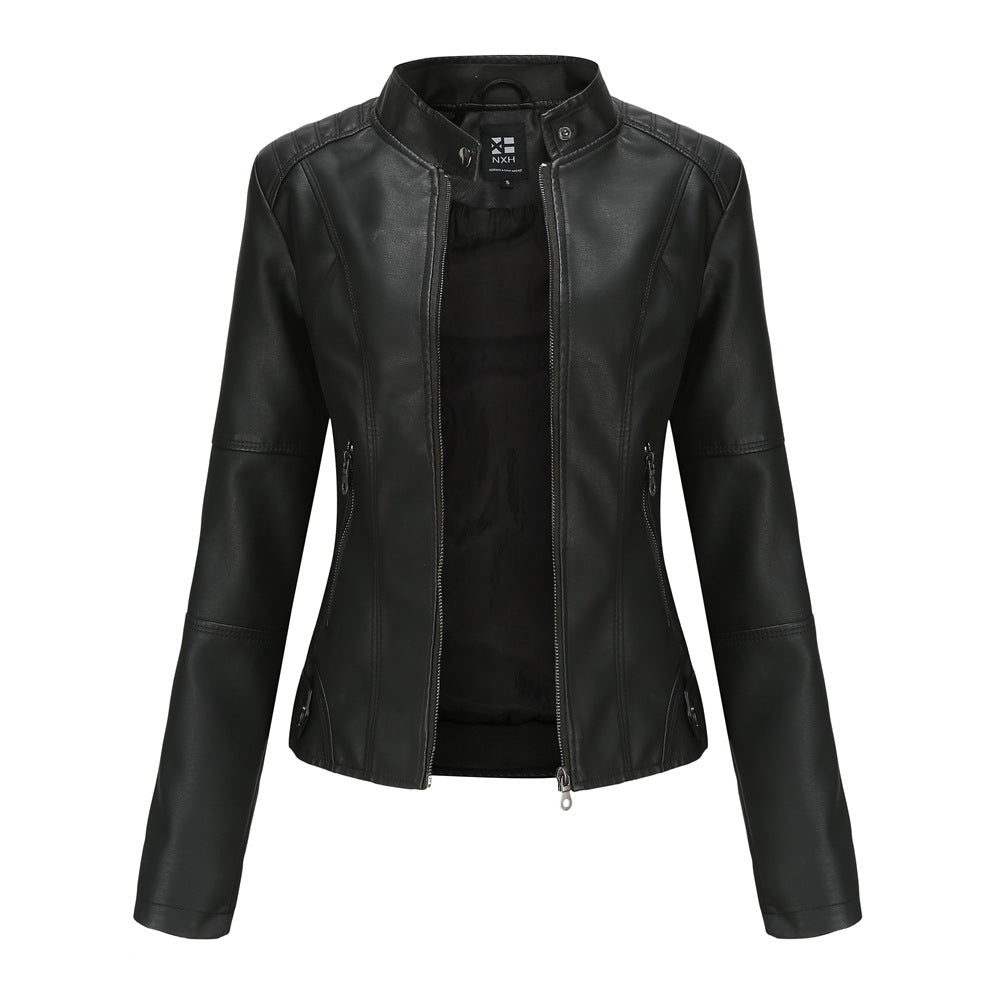 Women's Zip-Up Leather Jacket - Stand Collar with Pockets