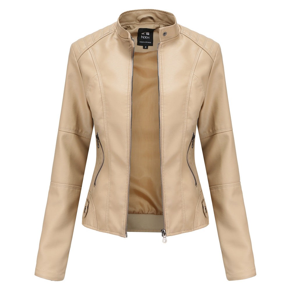 Women's Zip-Up Leather Jacket - Stand Collar with Pockets