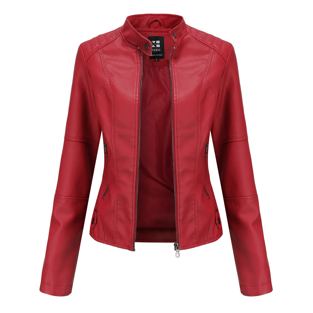 Women's Zip-Up Leather Jacket - Stand Collar with Pockets