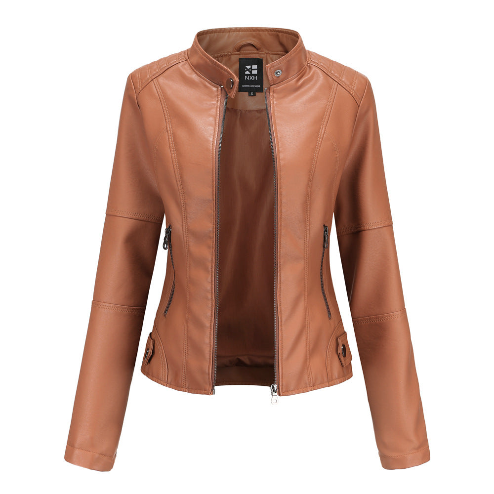 Women's Zip-Up Leather Jacket - Stand Collar with Pockets