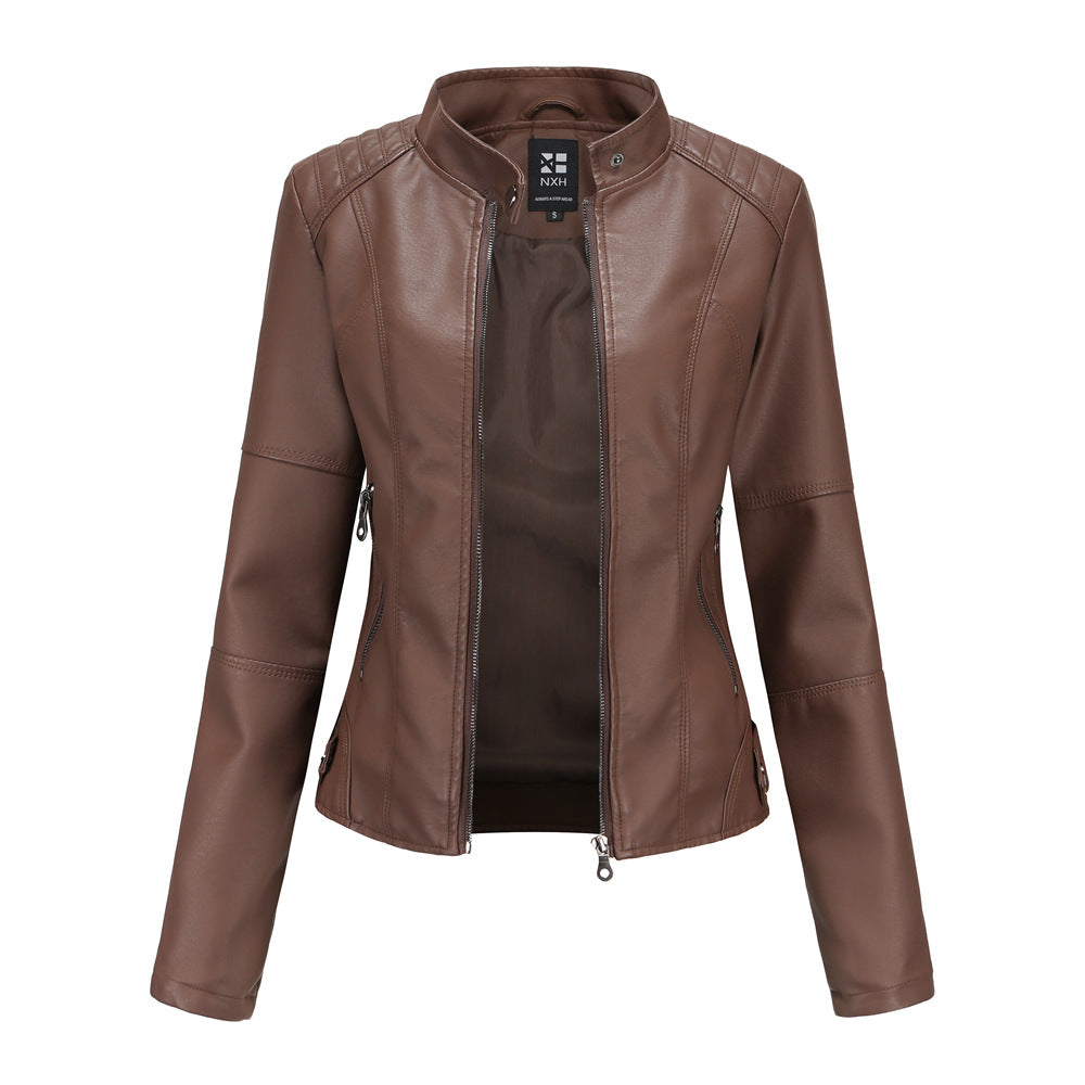 Women's Zip-Up Leather Jacket - Stand Collar with Pockets