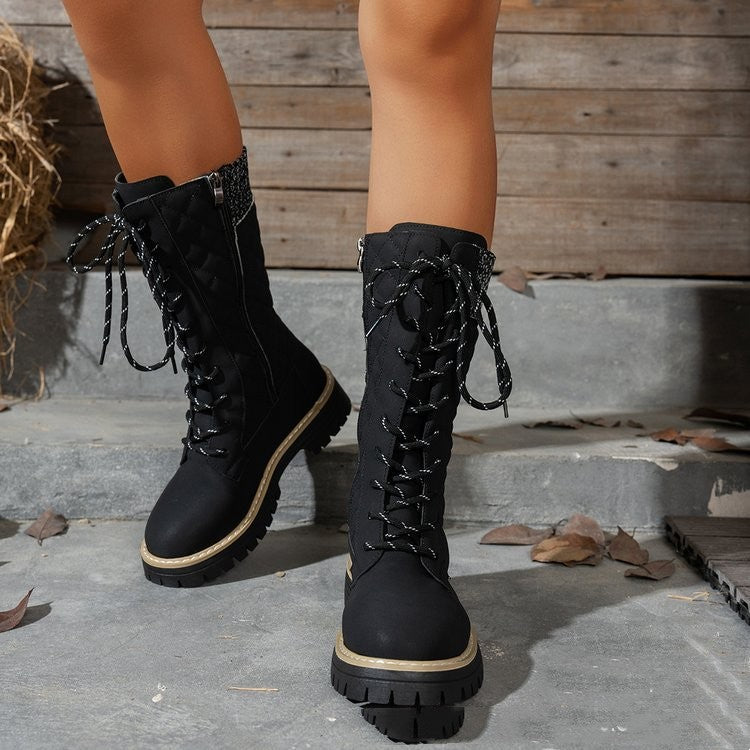 Bottes Martin à lacets et talon épais assorties pour femmes