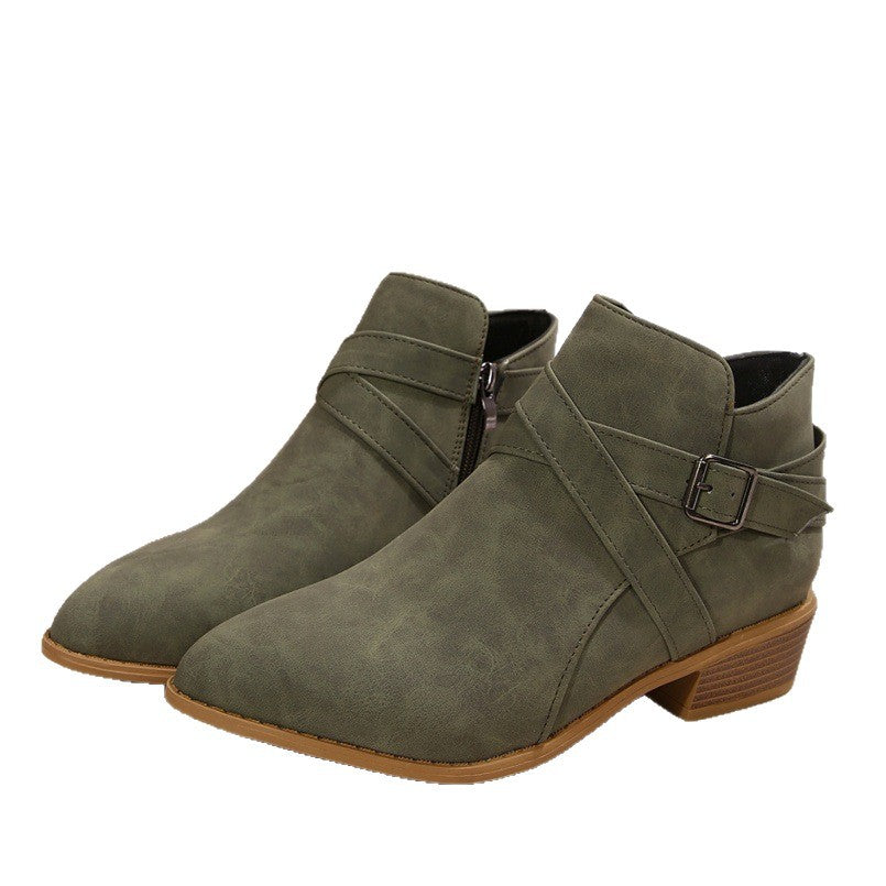 Bottines en cuir à talon épais avec boucle de ceinture et fermeture éclair latérale pour femme
