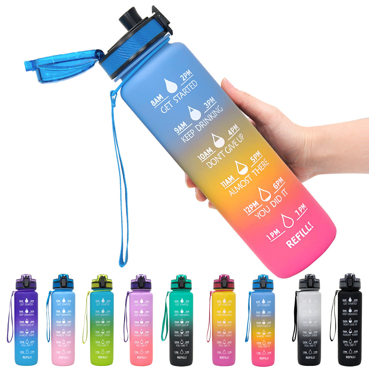 1L Motivational Water Bottle with Time Marker - Leakproof Sports Bottle with Bounce Cover