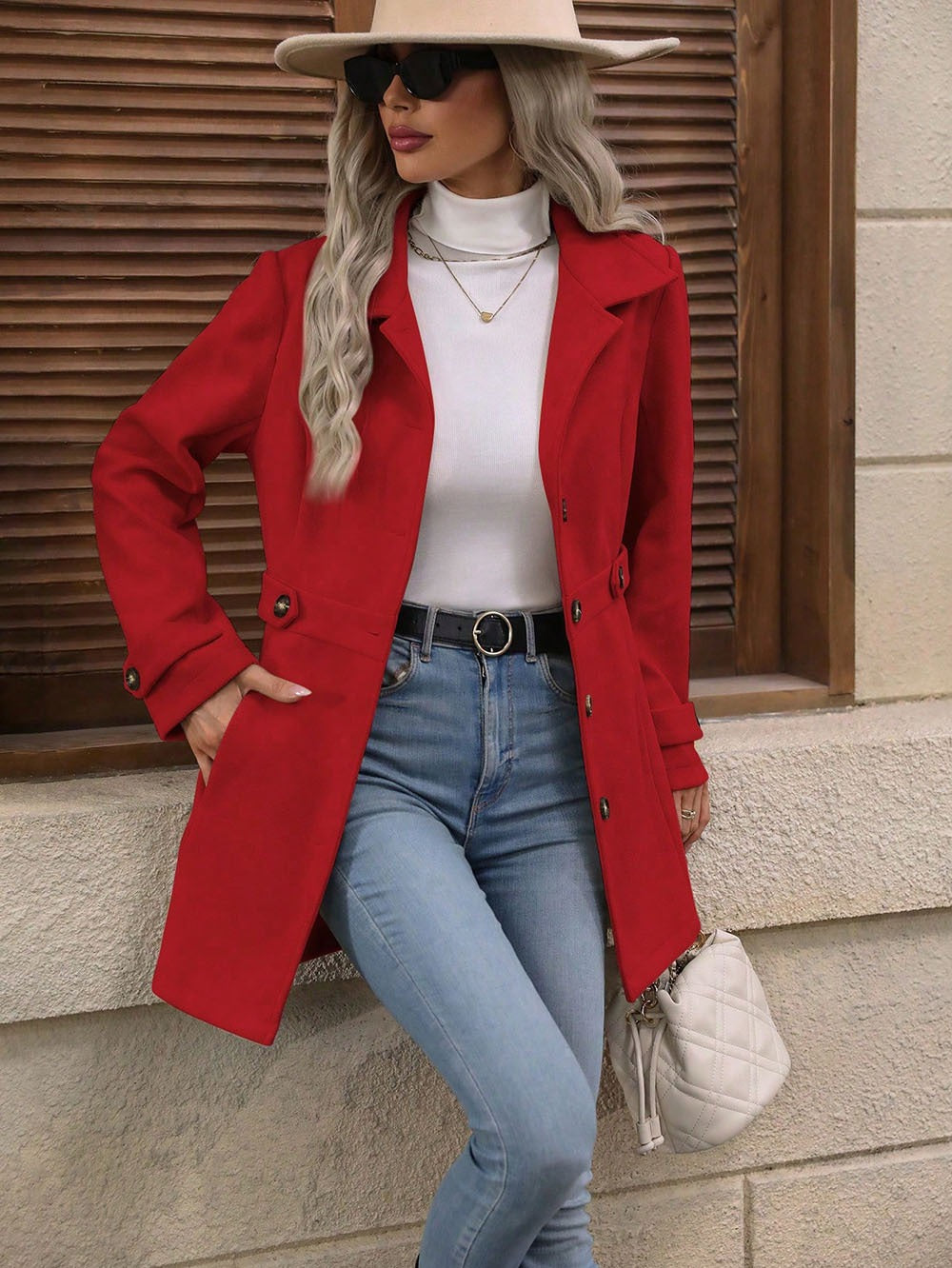 Manteau élégant en laine pour femme, coupe droite