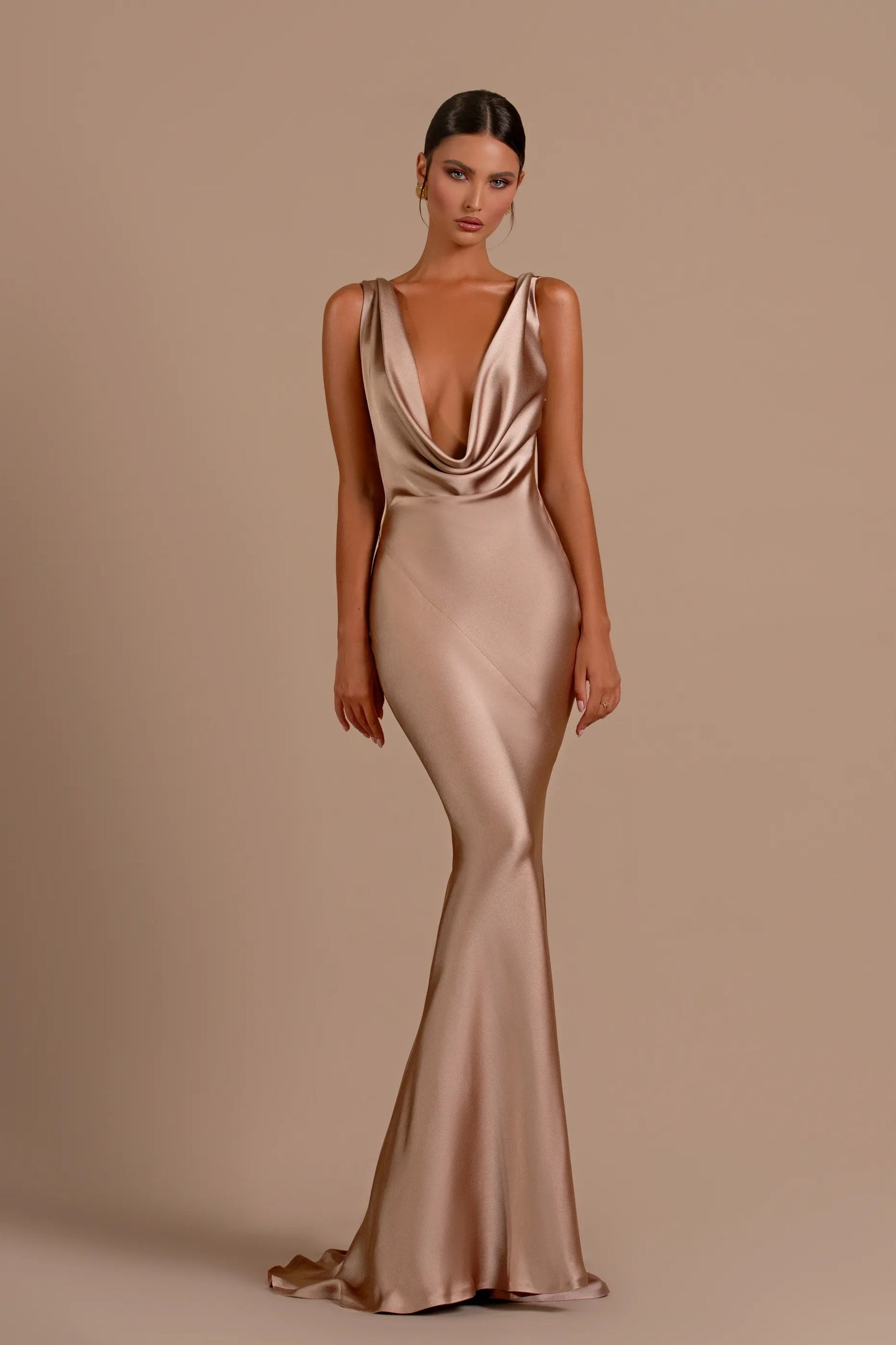Mermaid Shape Dress  Deep V Neck Satin Fabric Long Length For Women