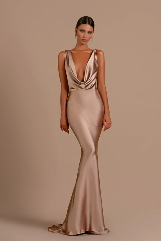 Mermaid Shape Dress  Deep V Neck Satin Fabric Long Length For Women