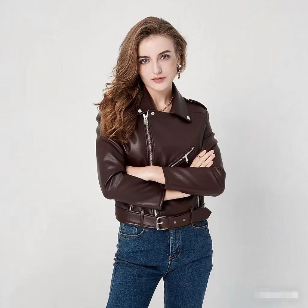Women's Fashion  Zipper Slim Fit Washed Motorcycle Jacket