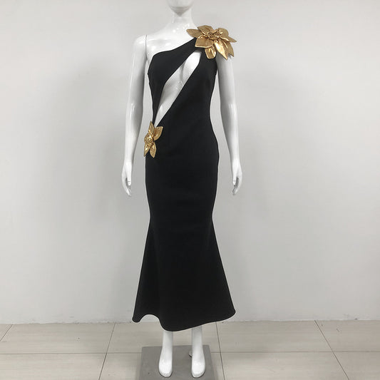 Slim-Fit Golden Floral Bodycon Dress – Black