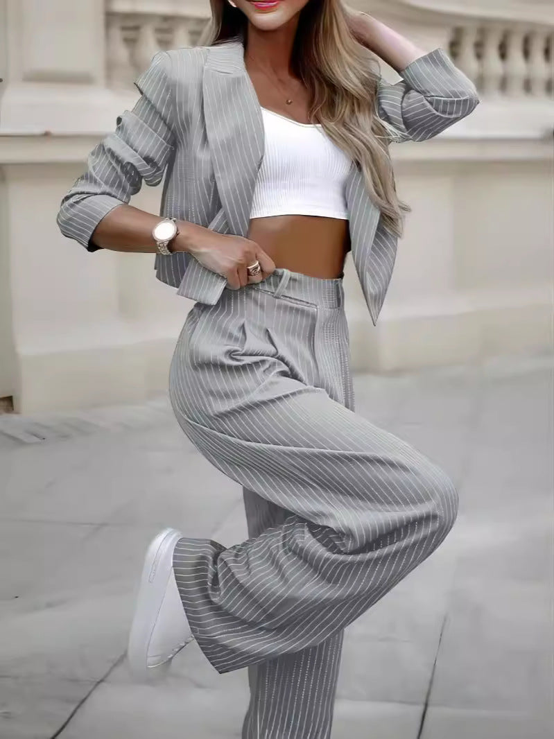 Women's Striped Two-Piece Suit - Cropped Blazer & Straight Pants Set
