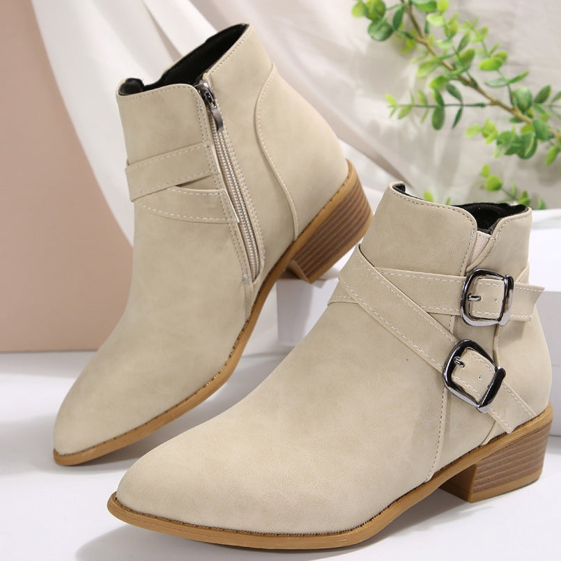 Bottines en cuir à talon épais avec boucle de ceinture et fermeture éclair latérale pour femme
