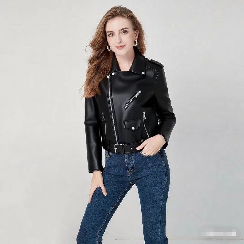 Women's Fashion  Zipper Slim Fit Washed Motorcycle Jacket
