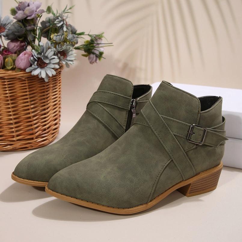 Bottines en cuir à talon épais avec boucle de ceinture et fermeture éclair latérale pour femme