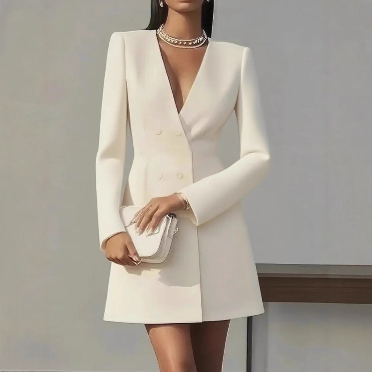 Women Solid-color V-neck Suit-style French Dress