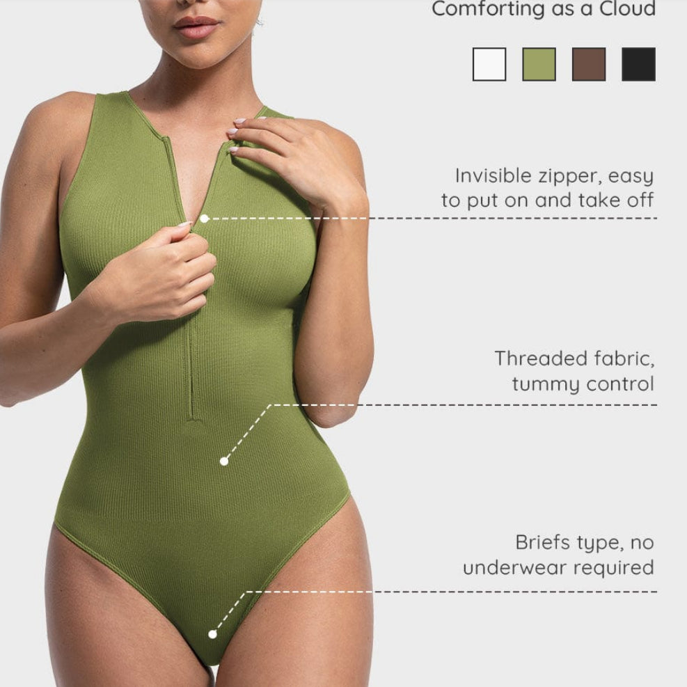 Ribbed Zip-Front Sleeveless Bodysuit for Women