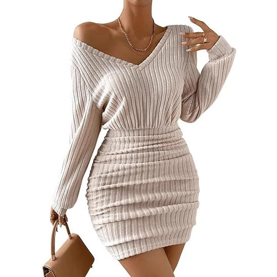 Women's V-Neck Pleated Mini Dress - Long Sleeve