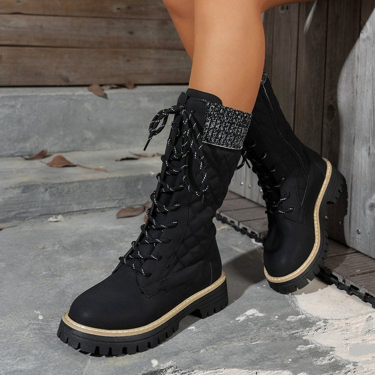 Bottes Martin à lacets et talon épais assorties pour femmes