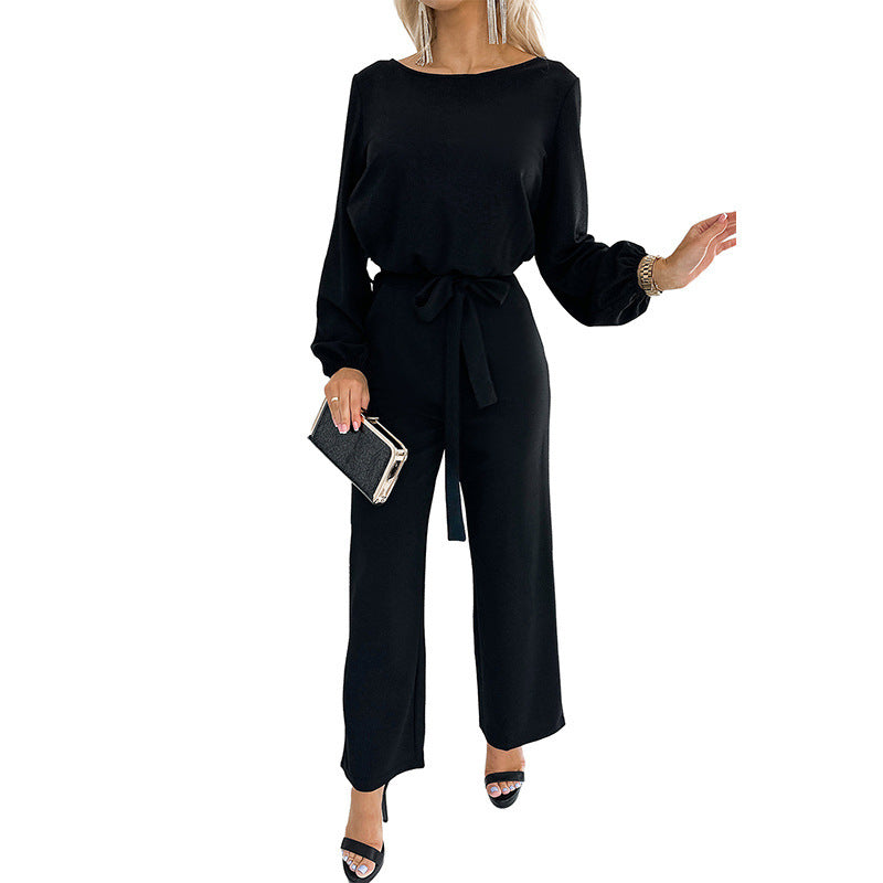 Women's Tailored Long Sleeve Lace-Up Pullover Jumpsuit