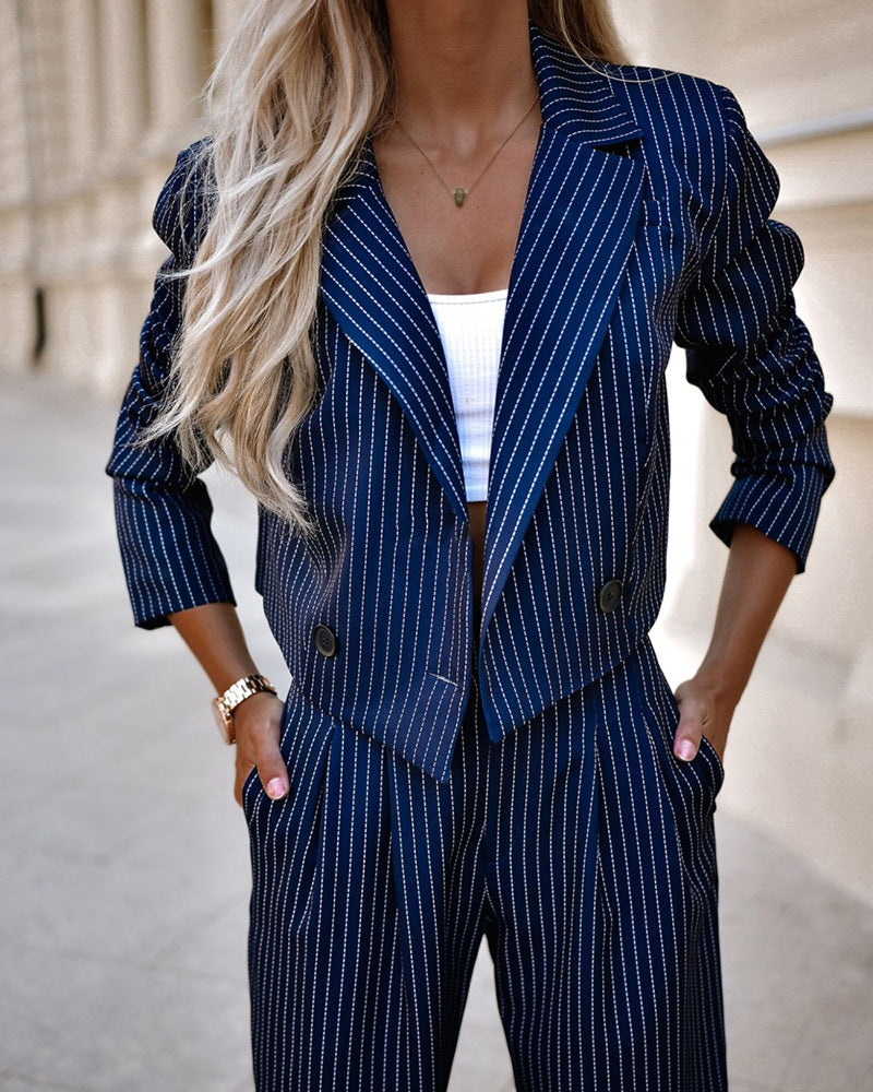 Women's Striped Two-Piece Suit - Cropped Blazer & Straight Pants Set