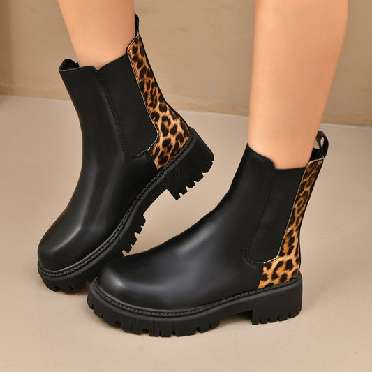 Bottes décontractées tout-aller à bout rond, talon épais et patchwork