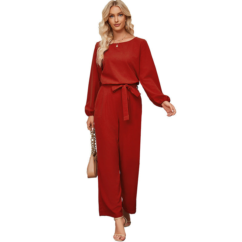 Women's Tailored Long Sleeve Lace-Up Pullover Jumpsuit