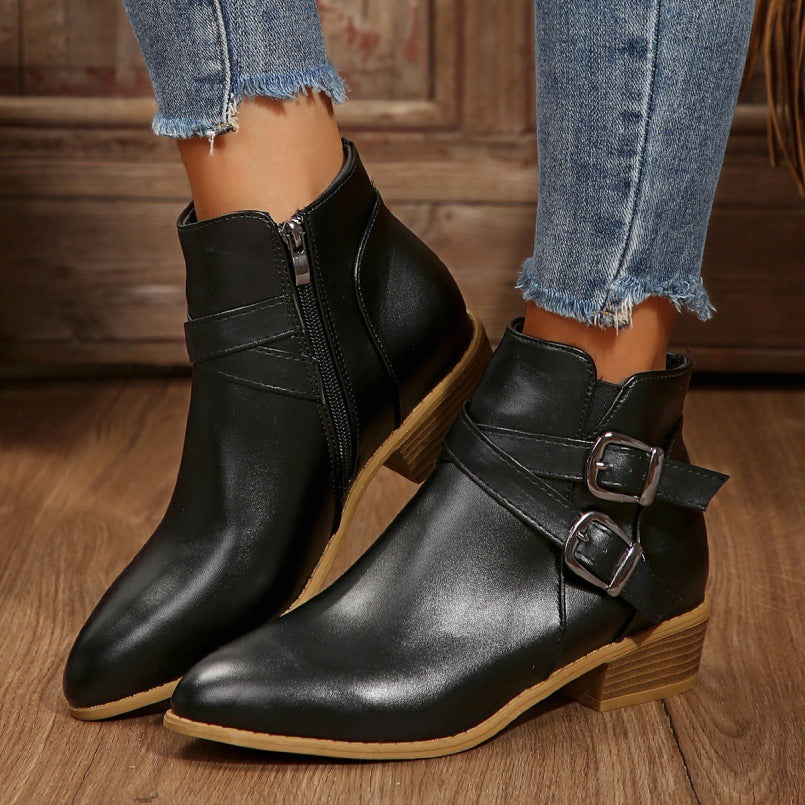 Bottines en cuir à talon épais avec boucle de ceinture et fermeture éclair latérale pour femme