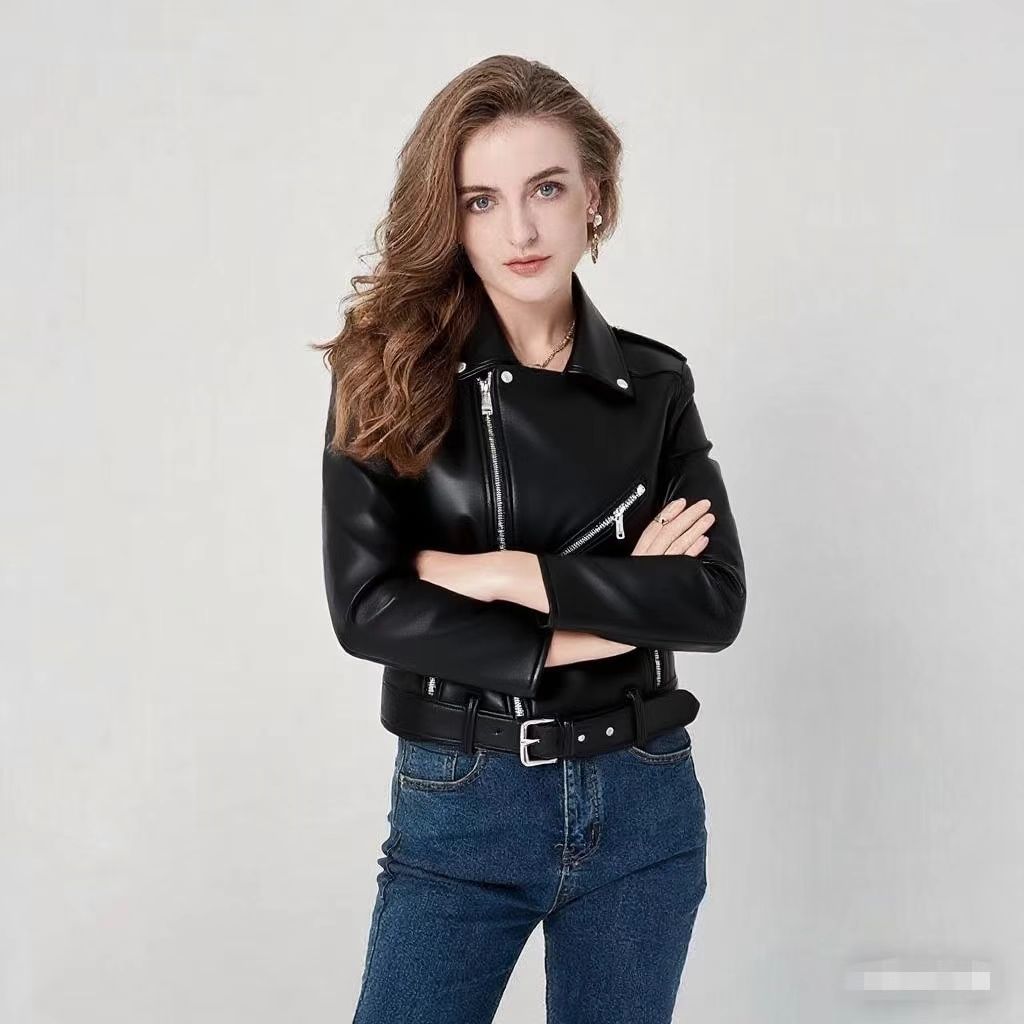 Women's Fashion  Zipper Slim Fit Washed Motorcycle Jacket
