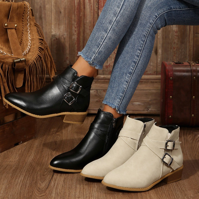 Bottines en cuir à talon épais avec boucle de ceinture et fermeture éclair latérale pour femme