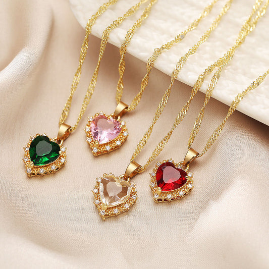 Rainbow Heart Necklace - Gold Rhinestone Clavicle Chain