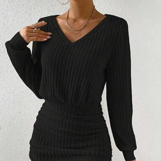 Women's V-Neck Pleated Mini Dress - Long Sleeve