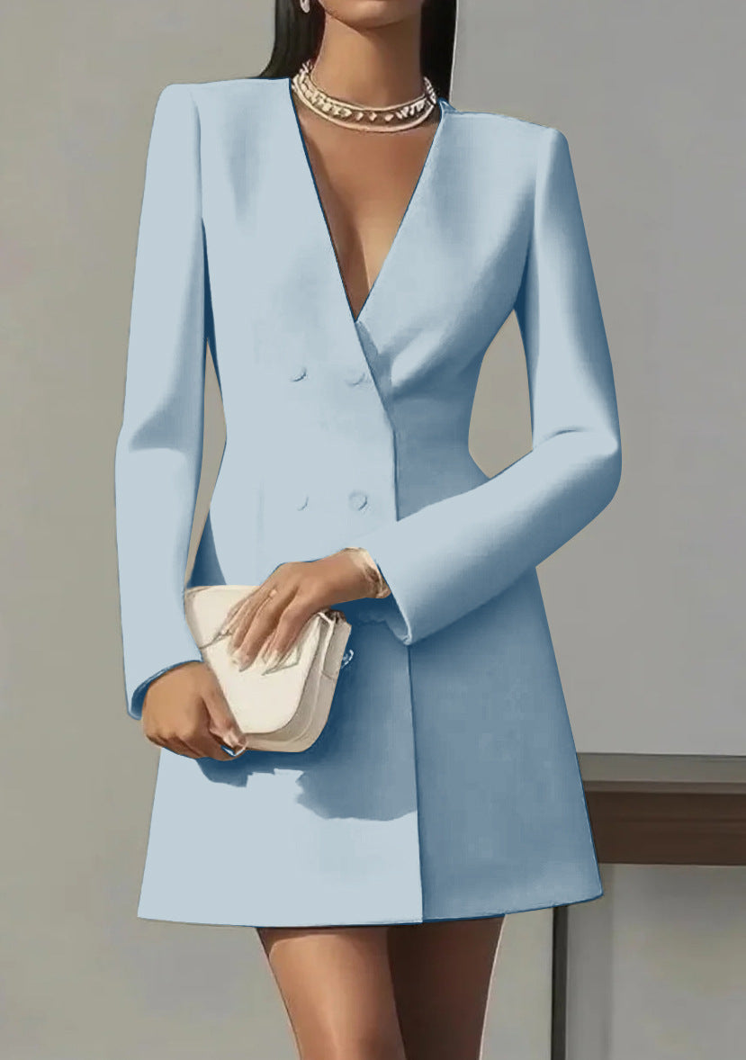 Women Solid-color V-neck Suit-style French Dress