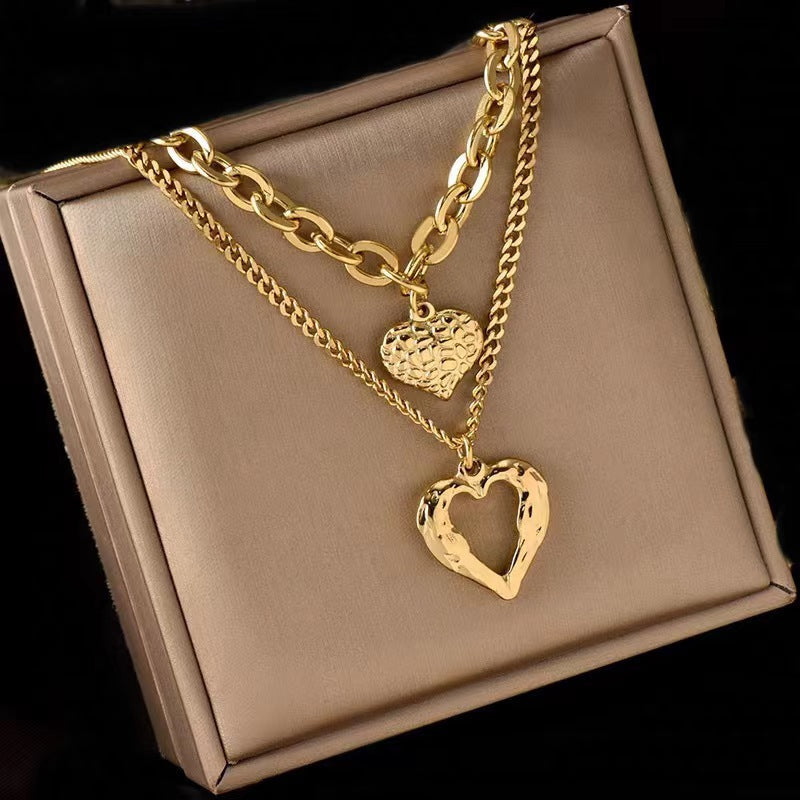 Angel Wings Double Heart Necklace - Titanium Steel Pendant