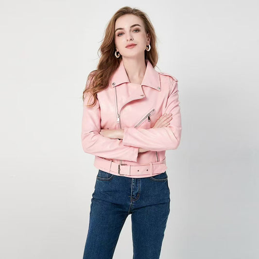 Women's Fashion  Zipper Slim Fit Washed Motorcycle Jacket