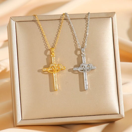 Cross Heart Zircon Pendant Necklace - Gold Plated Titanium Steel