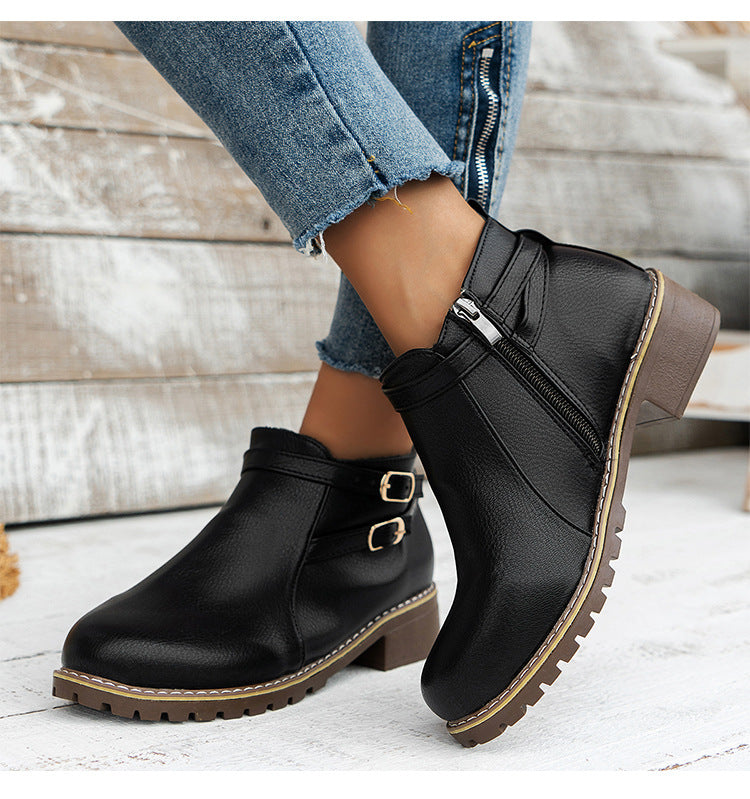 Bottines à Boucle en Cuir à Talons Plats et Bout Rond
